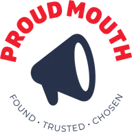 ProudMouth logo with megaphone icon and tagline Found, Trusted, Chosen