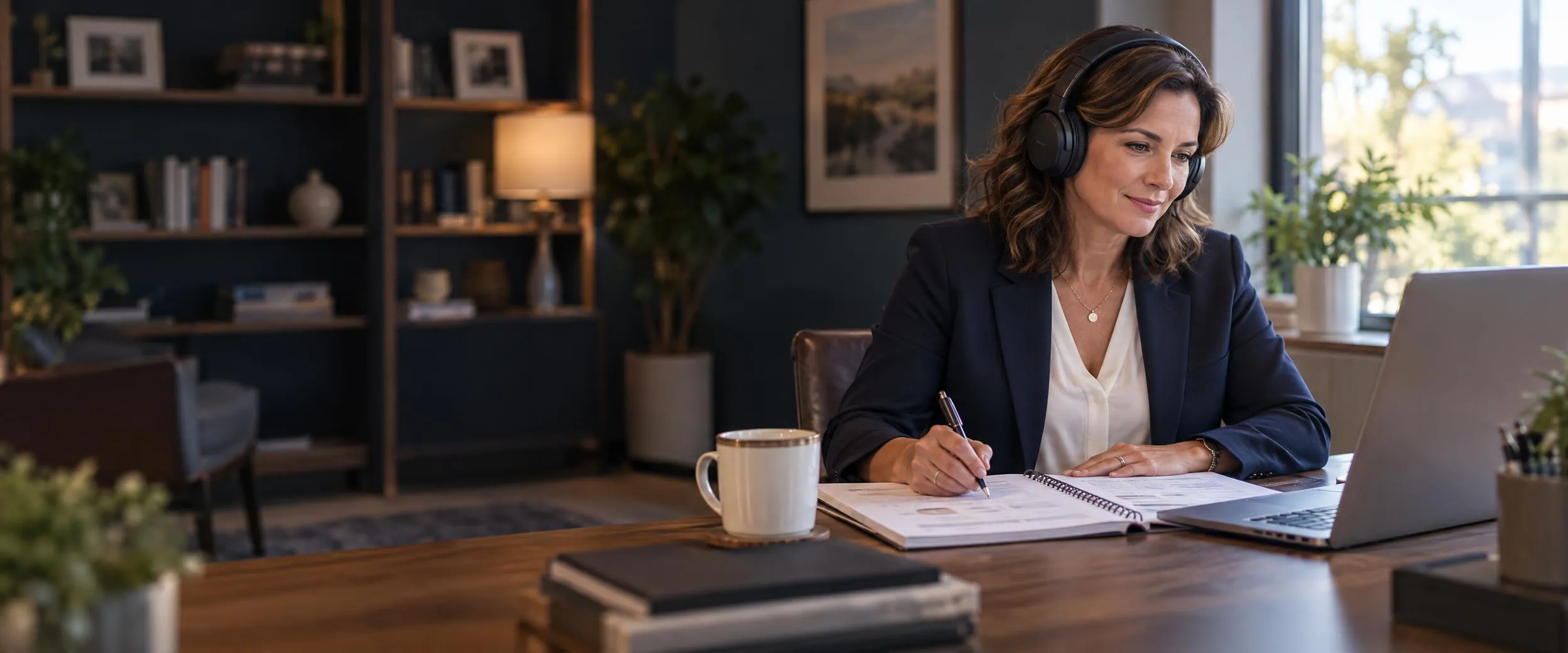 Financial advisor wearing headphones and taking notes in a printed workbook while she watches a lesson on her laptop