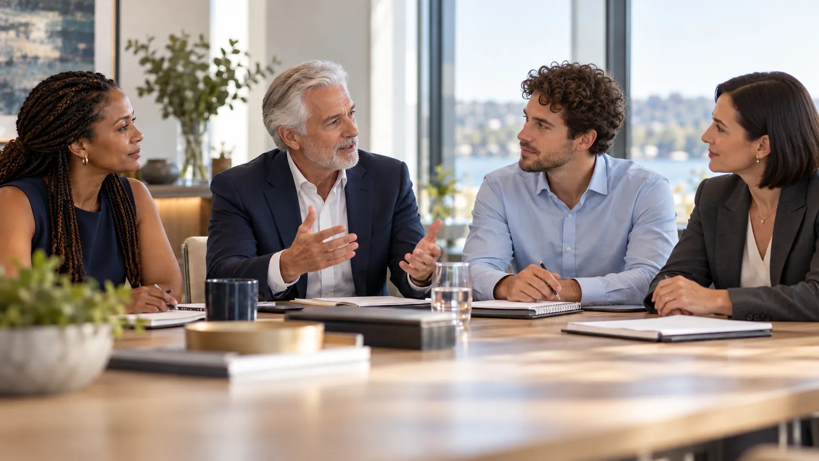 Four colleagues of different generations around a table as a senior advisor shares an insight