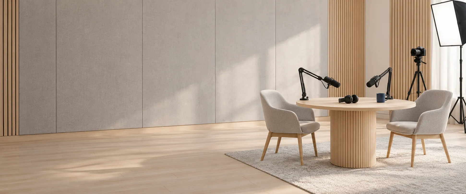 Empty podcast studio with two chairs, microphones and a camera set up around a round table