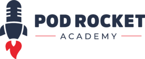 A horizontal logo that reads: PodRocket Academy in navy blue letters. There is a rocket icon to the left of the name