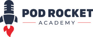 A horizontal logo that reads: PodRocket Academy in navy blue letters. There is a rocket icon to the left of the name