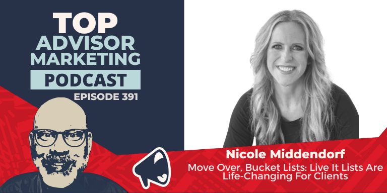 A red and navy graphic that reads: Move over bucket lists, live-it lists are life changing for clients. On the left, there is a headshot of Nicole. She has long wavy blond hair. She is smiling with her teeth showing.